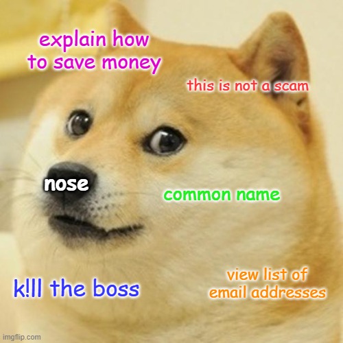 8.74^-6% of my thoughts (i calculated) | explain how to save money; this is not a scam; nose; common name; view list of email addresses; k!ll the boss | image tagged in memes,doge,thoughts,cute dog,wow doge | made w/ Imgflip meme maker