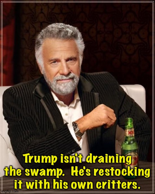 No draining | Trump isn't draining the swamp.  He's restocking it with his own critters. | image tagged in memes,the most interesting man in the world | made w/ Imgflip meme maker