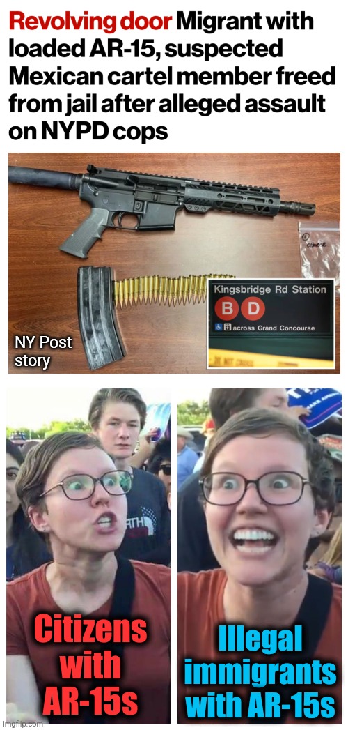 The truth about guns | NY Post
story; Illegal immigrants with AR-15s; Citizens
with
AR-15s | image tagged in social justice warrior hypocrisy,memes,new york city,democrats,guns,ar15 | made w/ Imgflip meme maker