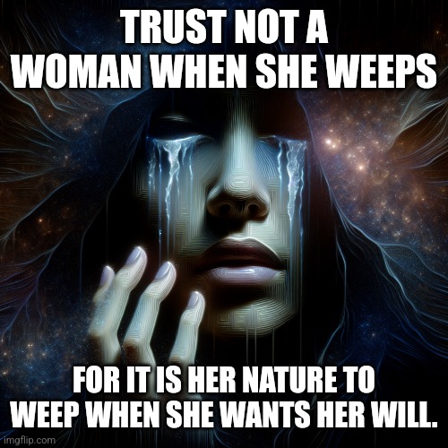 Women | TRUST NOT A WOMAN WHEN SHE WEEPS; FOR IT IS HER NATURE TO WEEP WHEN SHE WANTS HER WILL. | image tagged in women be trippin' | made w/ Imgflip meme maker