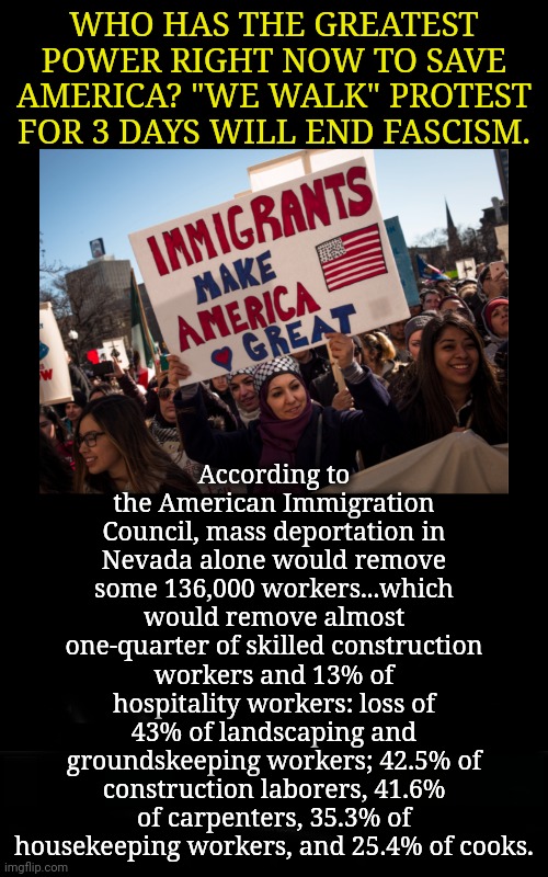 We Walk Protest | WHO HAS THE GREATEST POWER RIGHT NOW TO SAVE AMERICA? "WE WALK" PROTEST FOR 3 DAYS WILL END FASCISM. According to the American Immigration Council, mass deportation in Nevada alone would remove some 136,000 workers...which would remove almost one-quarter of skilled construction workers and 13% of hospitality workers: loss of 43% of landscaping and groundskeeping workers; 42.5% of construction laborers, 41.6% of carpenters, 35.3% of housekeeping workers, and 25.4% of cooks. | image tagged in protest,dnc,msnbc,immigration,power | made w/ Imgflip meme maker