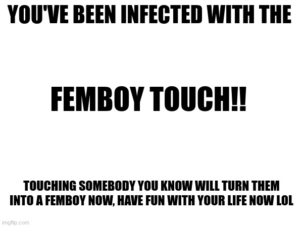 I made ts shi as a joke but do what you will with this, ig | YOU'VE BEEN INFECTED WITH THE; FEMBOY TOUCH!! TOUCHING SOMEBODY YOU KNOW WILL TURN THEM INTO A FEMBOY NOW, HAVE FUN WITH YOUR LIFE NOW LOL | made w/ Imgflip meme maker