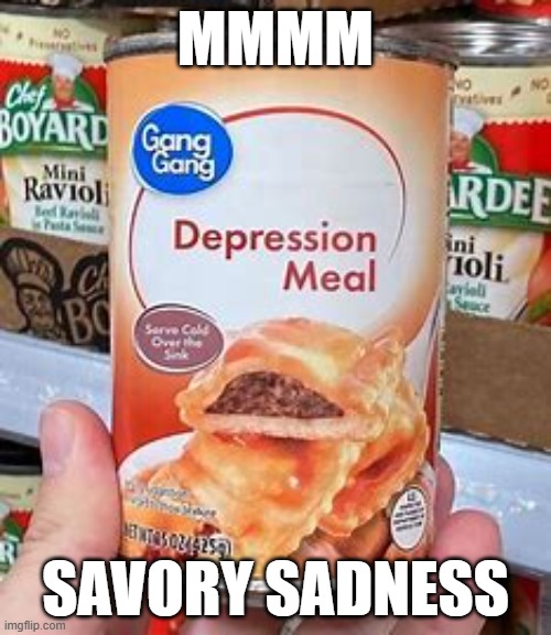 2 cans with extra sadness please | MMMM; SAVORY SADNESS | image tagged in fun,depression | made w/ Imgflip meme maker