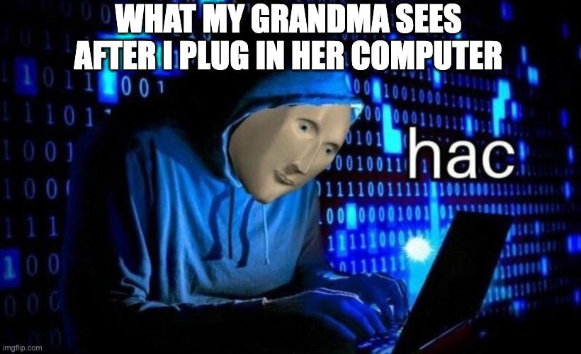 hac | WHAT MY GRANDMA SEES AFTER I PLUG IN HER COMPUTER | image tagged in hac | made w/ Imgflip meme maker