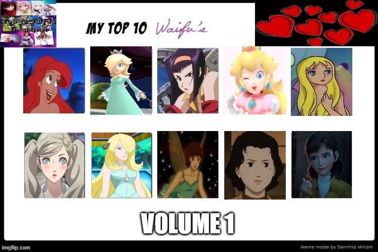 top 10 waifus volume 1 | VOLUME 1 | image tagged in top 10 waifus,volume,anime,video games,cartoons,movies | made w/ Imgflip meme maker