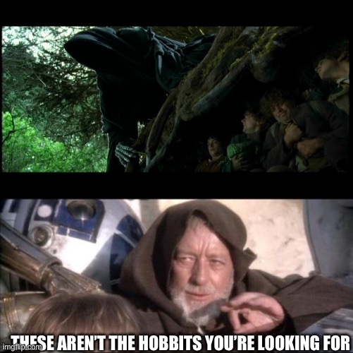 I swear he can see them | THESE AREN’T THE HOBBITS YOU’RE LOOKING FOR | image tagged in hobbits hide from nazgul,memes,these aren't the droids you were looking for | made w/ Imgflip meme maker