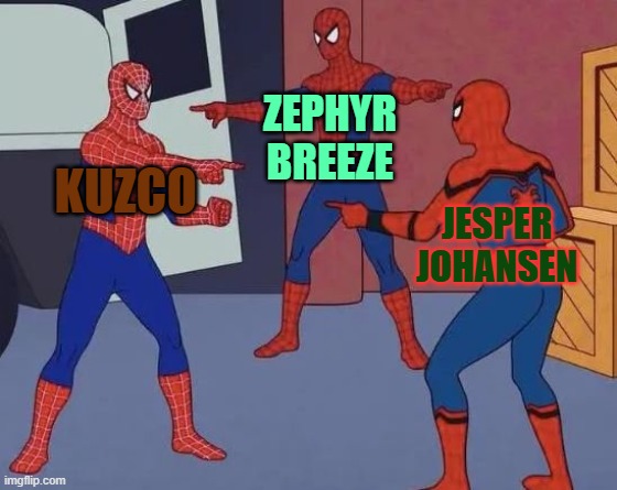 Theyre so similar... | ZEPHYR BREEZE; KUZCO; JESPER JOHANSEN | image tagged in 3 spiderman pointing | made w/ Imgflip meme maker