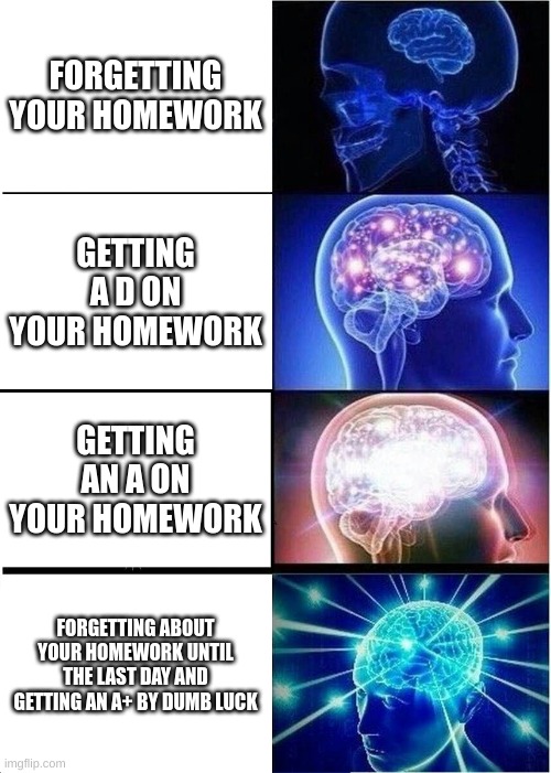 homework | FORGETTING YOUR HOMEWORK; GETTING A D ON YOUR HOMEWORK; GETTING AN A ON YOUR HOMEWORK; FORGETTING ABOUT YOUR HOMEWORK UNTIL THE LAST DAY AND GETTING AN A+ BY DUMB LUCK | image tagged in memes,expanding brain | made w/ Imgflip meme maker