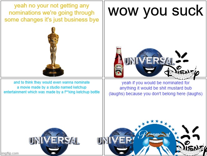 the day the earth blew up a looney tunes movie being oscar snubbed in a nutshell | yeah no your not getting any nominations we're going through some changes it's just business bye; wow you suck; and to think they would even wanna nominate a movie made by a studio named ketchup entertainment which was made by a f**king ketchup bottle; yeah if you would be nominated for anything it would be shit mustard bub (laughs) because you don't belong here (laughs) | image tagged in memes,blank comic panel 2x2,prediction,disney,paramount,universal studios | made w/ Imgflip meme maker