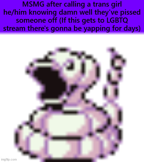 ekans pog | MSMG after calling a trans girl he/him knowing damn well they've pissed someone off (If this gets to LGBTQ stream there's gonna be yapping for days) | image tagged in ekans pog | made w/ Imgflip meme maker