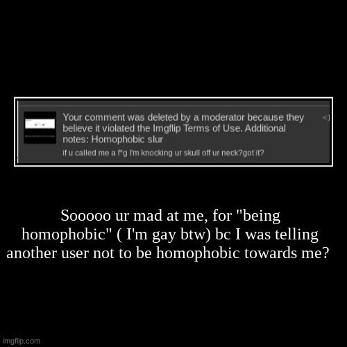 Sooooo ur mad at me, for "being homophobic" ( I'm gay btw) bc I was telling another user not to be homophobic towards me? | | image tagged in funny,demotivationals | made w/ Imgflip demotivational maker