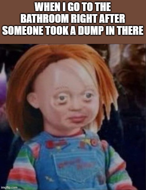 Going To The Bathroom Right After Someone Took A Dump | WHEN I GO TO THE BATHROOM RIGHT AFTER SOMEONE TOOK A DUMP IN THERE | image tagged in bathroom,bathroom humor,chucky,poop,funny,memes | made w/ Imgflip meme maker