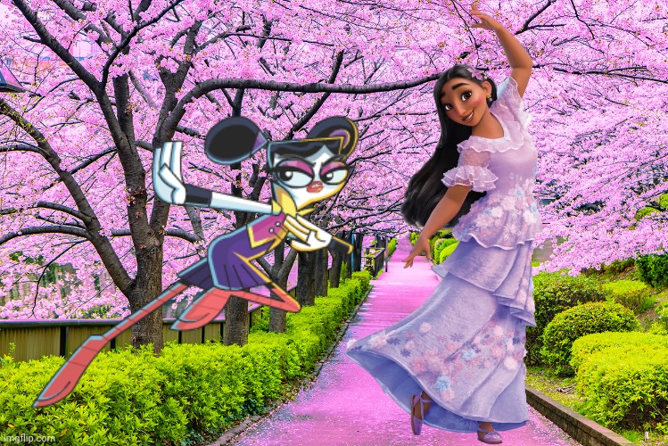 Flick Feathers and Isabela Madrigal Friendship | image tagged in cherry blossoms in tokyo,encanto,chuck chicken,flick feathers,isabela madrigal,beauty | made w/ Imgflip meme maker