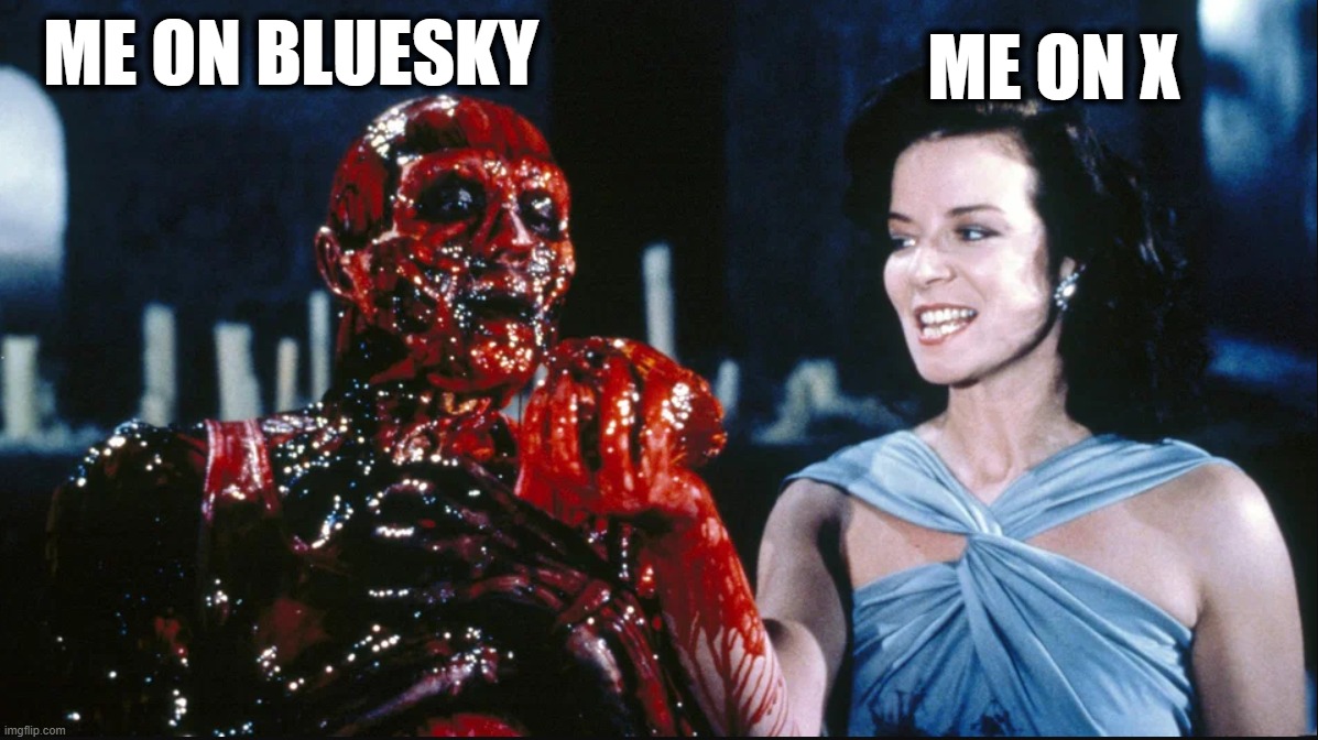 X Content vs BSky Content | ME ON BLUESKY; ME ON X | image tagged in hellraiser x vs y | made w/ Imgflip meme maker