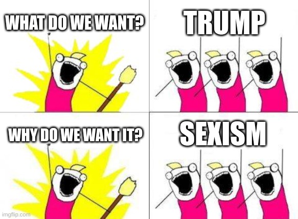 Sexism | WHAT DO WE WANT? TRUMP; SEXISM; WHY DO WE WANT IT? | image tagged in memes,what do we want | made w/ Imgflip meme maker