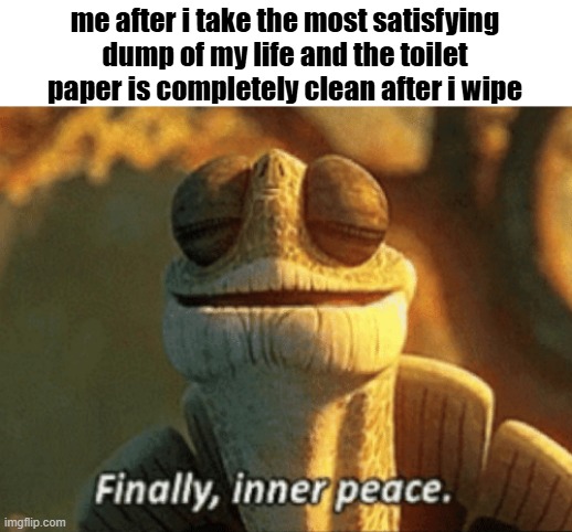 satisfaction | me after i take the most satisfying dump of my life and the toilet paper is completely clean after i wipe | image tagged in funny,memes,funny memes,fun stream,relatable,relatable memes | made w/ Imgflip meme maker