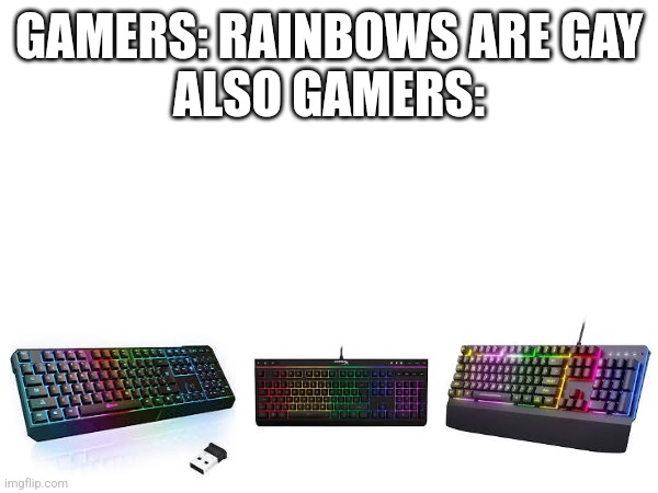 Gamers | GAMERS: RAINBOWS ARE GAY
ALSO GAMERS: | image tagged in games,keyboard,true,gay | made w/ Imgflip meme maker