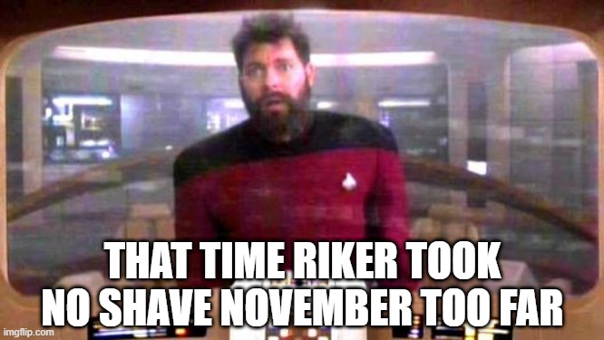 No Shave Riker | THAT TIME RIKER TOOK NO SHAVE NOVEMBER TOO FAR | image tagged in riker from borg controlled universe | made w/ Imgflip meme maker