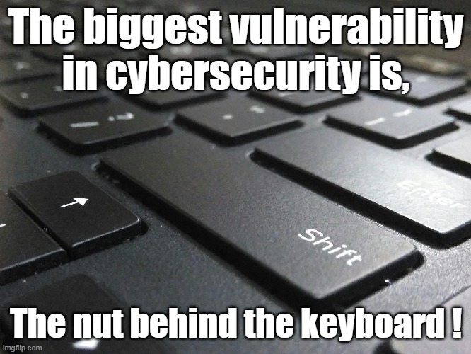 The Biggest Vulnerability | The biggest vulnerability in cybersecurity is, The nut behind the keyboard ! | image tagged in cybersecurity,computers | made w/ Imgflip meme maker