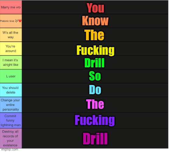 Murderous made a tier list | You; Know; The; Fucking; Drill; So; Do; The; Fucking; Drill | image tagged in murderous made a tier list | made w/ Imgflip meme maker