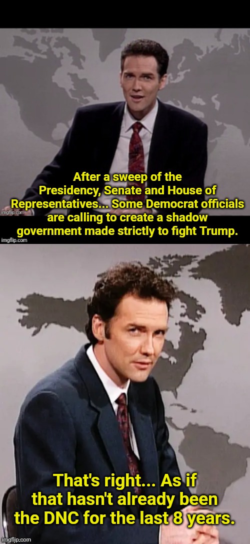 Norm mcdonald weekend update | After a sweep of the Presidency, Senate and House of Representatives... Some Democrat officials are calling to create a shadow government made strictly to fight Trump. That's right... As if that hasn't already been the DNC for the last 8 years. | image tagged in norm mcdonald weekend update | made w/ Imgflip meme maker