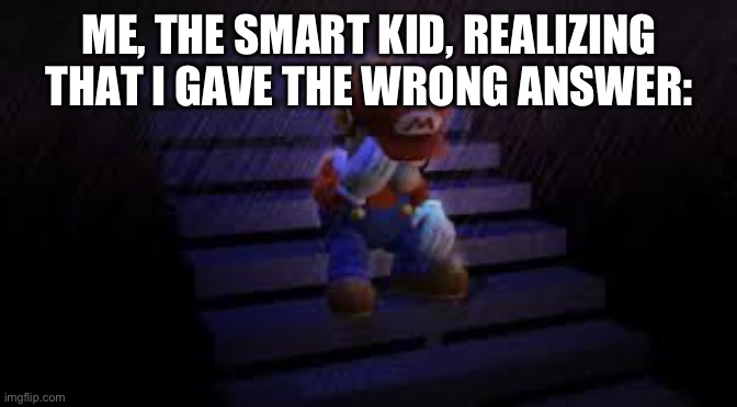 Sad mario | ME, THE SMART KID, REALIZING THAT I GAVE THE WRONG ANSWER: | image tagged in sad mario | made w/ Imgflip meme maker