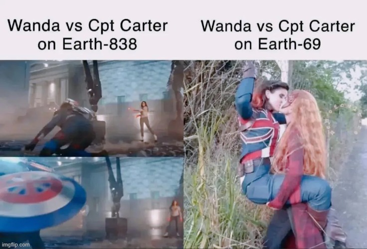 Off to Earth 69 | image tagged in wanda,captain carter | made w/ Imgflip meme maker