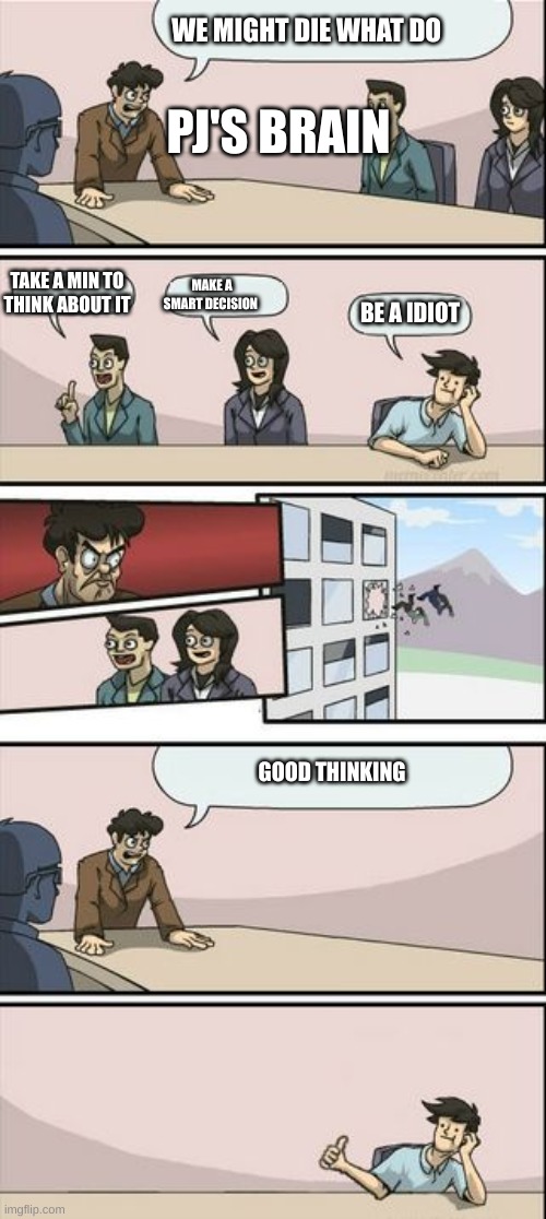 PJ's brain | WE MIGHT DIE WHAT DO; PJ'S BRAIN; TAKE A MIN TO THINK ABOUT IT; MAKE A SMART DECISION; BE A IDIOT; GOOD THINKING | image tagged in boardroom meeting sugg 2 | made w/ Imgflip meme maker