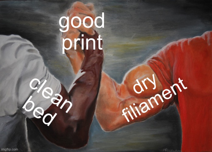 3D Printing Basics 0 | good
print; dry
filiament; clean
bed | image tagged in memes,epic handshake,clean bed,dry filament | made w/ Imgflip meme maker