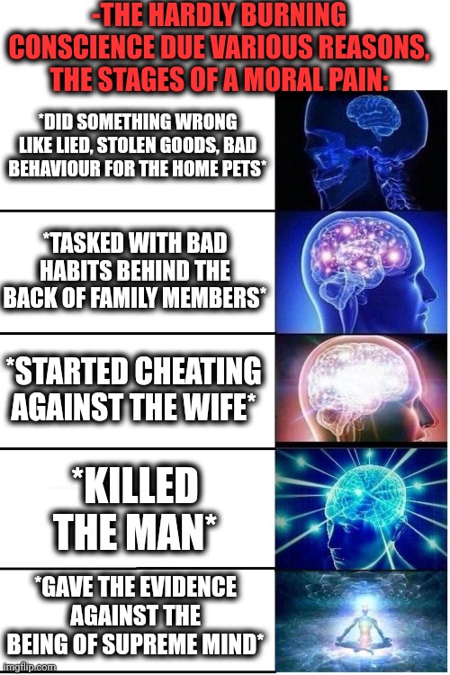 -Y my soul is so painful? | -THE HARDLY BURNING CONSCIENCE DUE VARIOUS REASONS, THE STAGES OF A MORAL PAIN:; *DID SOMETHING WRONG LIKE LIED, STOLEN GOODS, BAD BEHAVIOUR FOR THE HOME PETS*; *TASKED WITH BAD HABITS BEHIND THE BACK OF FAMILY MEMBERS*; *STARTED CHEATING AGAINST THE WIFE*; *KILLED THE MAN*; *GAVE THE EVIDENCE AGAINST THE BEING OF SUPREME MIND* | image tagged in expanding brain 5 panel,consciousness,rich guy burning money,hide the pain harold,13 reasons why,stage | made w/ Imgflip meme maker
