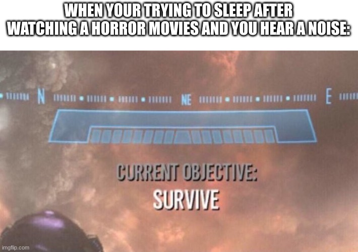 Current Objective: Survive | WHEN YOUR TRYING TO SLEEP AFTER WATCHING A HORROR MOVIES AND YOU HEAR A NOISE: | image tagged in current objective survive,meme | made w/ Imgflip meme maker