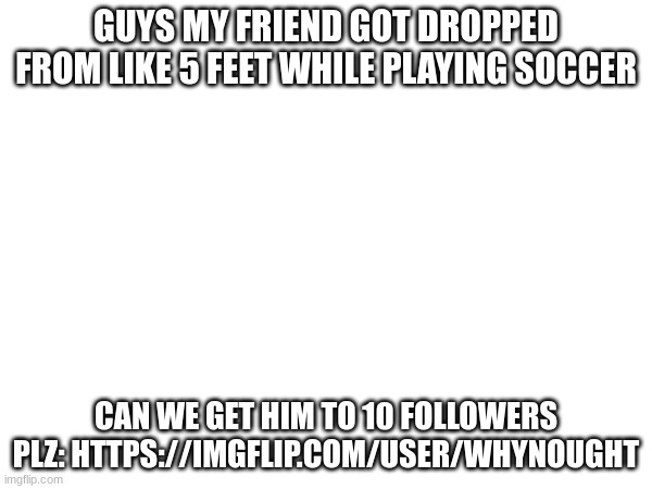 GUYS MY FRIEND GOT DROPPED FROM LIKE 5 FEET WHILE PLAYING SOCCER; CAN WE GET HIM TO 10 FOLLOWERS PLZ: HTTPS://IMGFLIP.COM/USER/WHYNOUGHT | image tagged in seriously | made w/ Imgflip meme maker