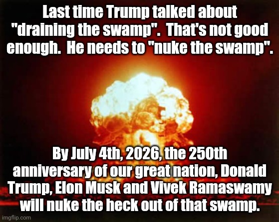 Trump, Musk and Ramaswamy better be on the watch out because that "swamp" has quite literally murdered people for much less. | Last time Trump talked about "draining the swamp".  That's not good enough.  He needs to "nuke the swamp". By July 4th, 2026, the 250th anniversary of our great nation, Donald Trump, Elon Musk and Vivek Ramaswamy will nuke the heck out of that swamp. | image tagged in nuke the swamp,make government honest again,taxation is theft,government corruption is treason | made w/ Imgflip meme maker