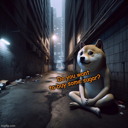 Cheems sitting in a dark alleyway | Do you want to buy some sugar? | image tagged in cheems sitting in a dark alleyway | made w/ Imgflip meme maker