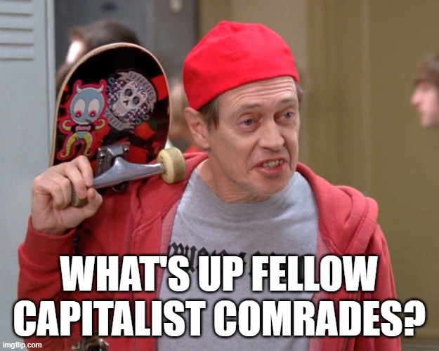 Steve Buscemi Fellow Kids | WHAT'S UP FELLOW CAPITALIST COMRADES? | image tagged in steve buscemi fellow kids | made w/ Imgflip meme maker