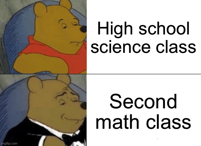 Tuxedo Winnie The Pooh | High school science class; Second math class | image tagged in memes,tuxedo winnie the pooh | made w/ Imgflip meme maker