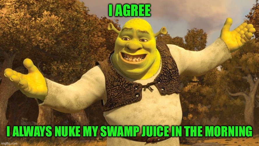 Shrek | I AGREE I ALWAYS NUKE MY SWAMP JUICE IN THE MORNING | image tagged in shrek | made w/ Imgflip meme maker