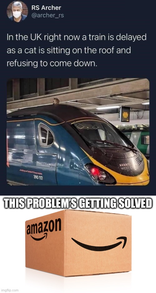 Train delay | THIS PROBLEM’S GETTING SOLVED | image tagged in amazon box,train,box | made w/ Imgflip meme maker