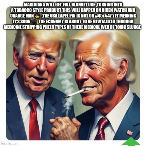 Readers highgest : Marijuana a.i decode | MARIJUANA WILL GET FULL BLANKET USE ,TURNING INTO A TOBACCO STYLE PRODUCT THIS WILL HAPPEN ON BIDEN WATCH AND ORANGE MAN 👨  ,THE USA LAPEL PIN IS NOT ON #45/#47 YET MEANING IT'S SOON 🔜  THE ECONOMY IS ABOUT TO BE REVITALIZED THROUGH MEDICINE STRIPPING PHZER TYPES OF THERE MEDICAL WEB OF TOXIC SLUDGE | image tagged in decode,art,ai,smart,funny | made w/ Imgflip meme maker