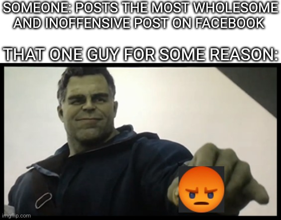 But why? | SOMEONE: POSTS THE MOST WHOLESOME AND INOFFENSIVE POST ON FACEBOOK; THAT ONE GUY FOR SOME REASON: | image tagged in hulk giving taco,anger,facebook,reactions,reaction | made w/ Imgflip meme maker