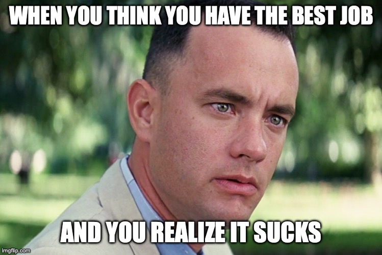 And Just Like That | WHEN YOU THINK YOU HAVE THE BEST JOB; AND YOU REALIZE IT SUCKS | image tagged in memes,and just like that | made w/ Imgflip meme maker