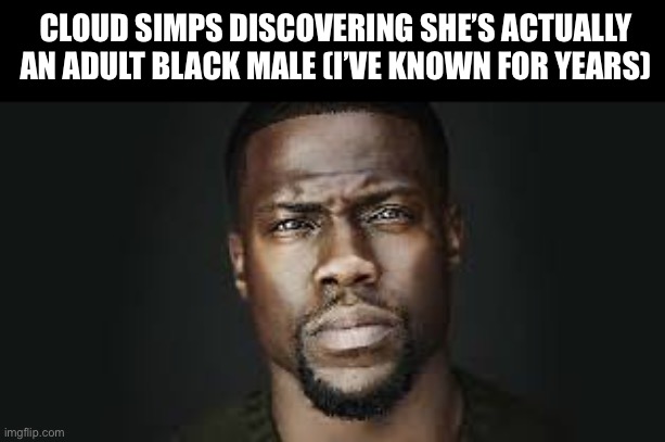 Kevin Hart Stare | CLOUD SIMPS DISCOVERING SHE’S ACTUALLY AN ADULT BLACK MALE (I’VE KNOWN FOR YEARS) | image tagged in kevin hart stare | made w/ Imgflip meme maker