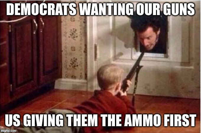 Home Alone | DEMOCRATS WANTING OUR GUNS; US GIVING THEM THE AMMO FIRST | image tagged in home alone | made w/ Imgflip meme maker