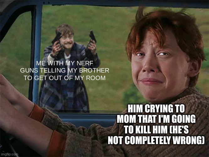 average big Bruther | ME WITH MY NERF GUNS TELLING MY BROTHER TO GET OUT OF MY ROOM; HIM CRYING TO MOM THAT I'M GOING TO KILL HIM (HE'S NOT COMPLETELY WRONG) | image tagged in harry with guns scared ron | made w/ Imgflip meme maker