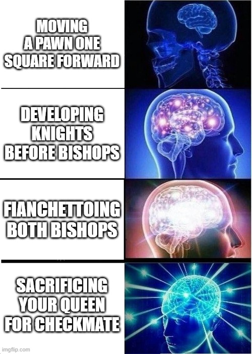 Chess levels | MOVING A PAWN ONE SQUARE FORWARD; DEVELOPING KNIGHTS BEFORE BISHOPS; FIANCHETTOING BOTH BISHOPS; SACRIFICING YOUR QUEEN FOR CHECKMATE | image tagged in memes,expanding brain | made w/ Imgflip meme maker
