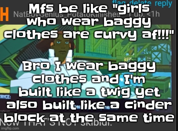 Fu​​n fact: I actually based my oc: skatez's  body type off mine cuz it made her look agile yet strong | Bro I wear baggy clothes and I'm built like a twig yet also built like a cinder block at the same time; Mfs be like "girls who wear baggy clothes are curvy af!!!" | image tagged in now that's not skibidi | made w/ Imgflip meme maker