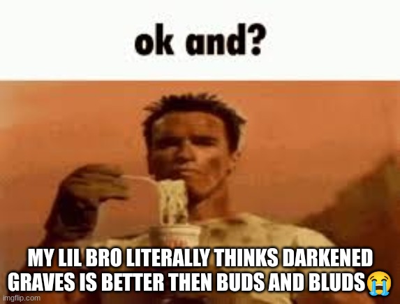 ok and? | MY LIL BRO LITERALLY THINKS DARKENED GRAVES IS BETTER THEN BUDS AND BLUDS😭 | image tagged in ok and | made w/ Imgflip meme maker