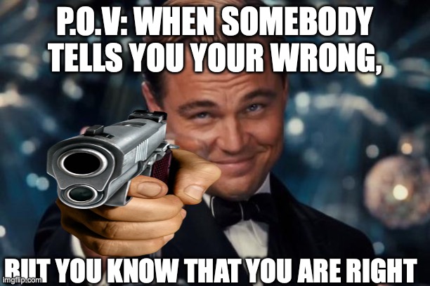 Leonardo Dicaprio Cheers | P.O.V: WHEN SOMEBODY TELLS YOU YOUR WRONG, BUT YOU KNOW THAT YOU ARE RIGHT | image tagged in memes,leonardo dicaprio cheers | made w/ Imgflip meme maker