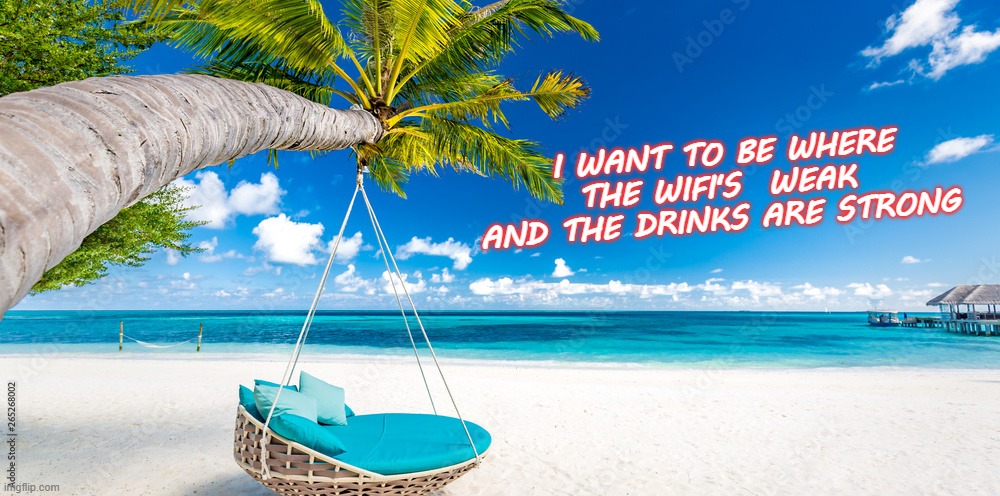 Take me to the beach | I WANT TO BE WHERE 
THE WIFI'S  WEAK
AND THE DRINKS ARE STRONG | image tagged in beach | made w/ Imgflip meme maker