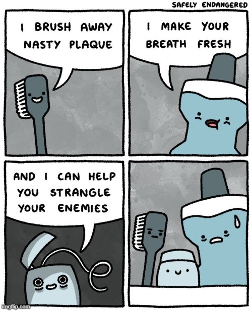 image tagged in toothbrush,mouthwash,floss,enemies,strangle,psycho | made w/ Imgflip meme maker